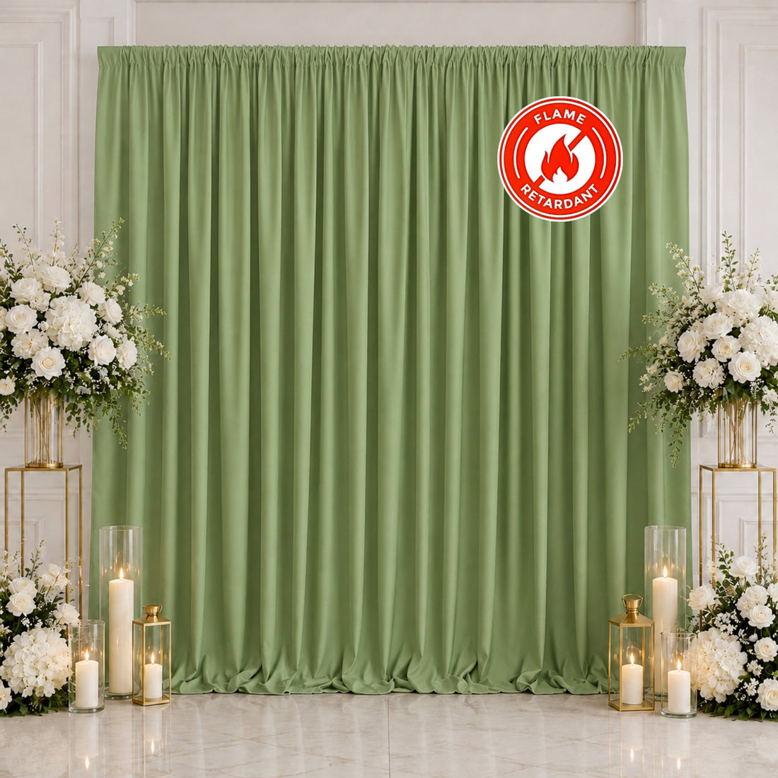 Green flame retardant curtain backdrop with white floral wedding decor