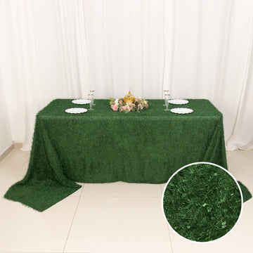 Green Fringe Shag Polyester Rectangular Tablecloth 90"x156" for 8 Foot Table With Floor-Length Drop
