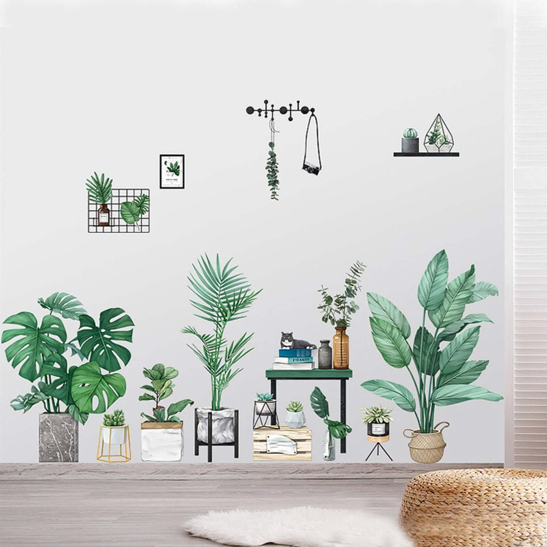 Indoor plant wall art featuring various green plants and decorative elements.