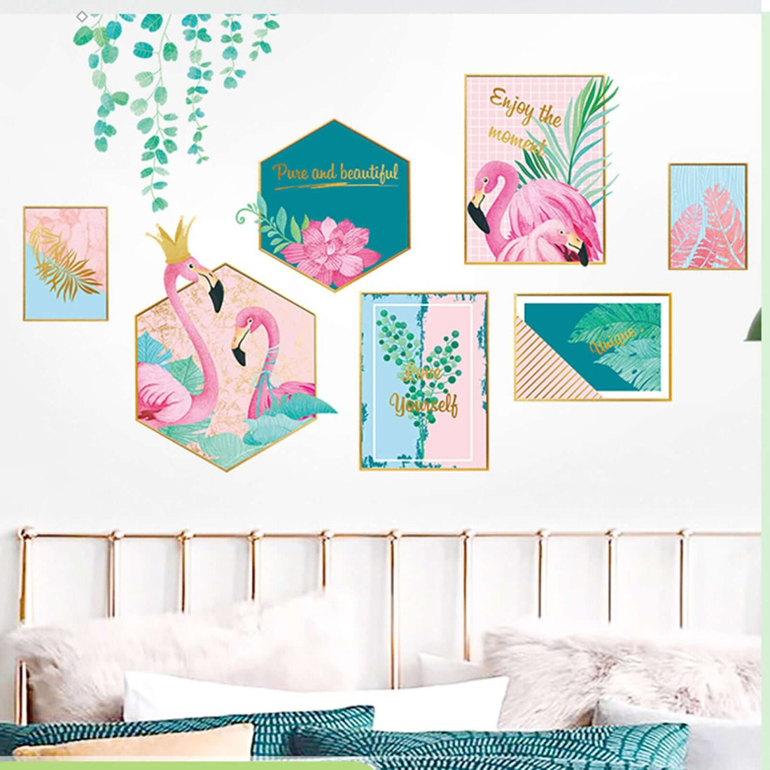 Flamingo wall art decor with tropical designs and gold frames in a bedroom setting.