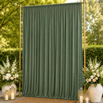 Green wedding backdrop curtain with gold frame and floral lantern decor