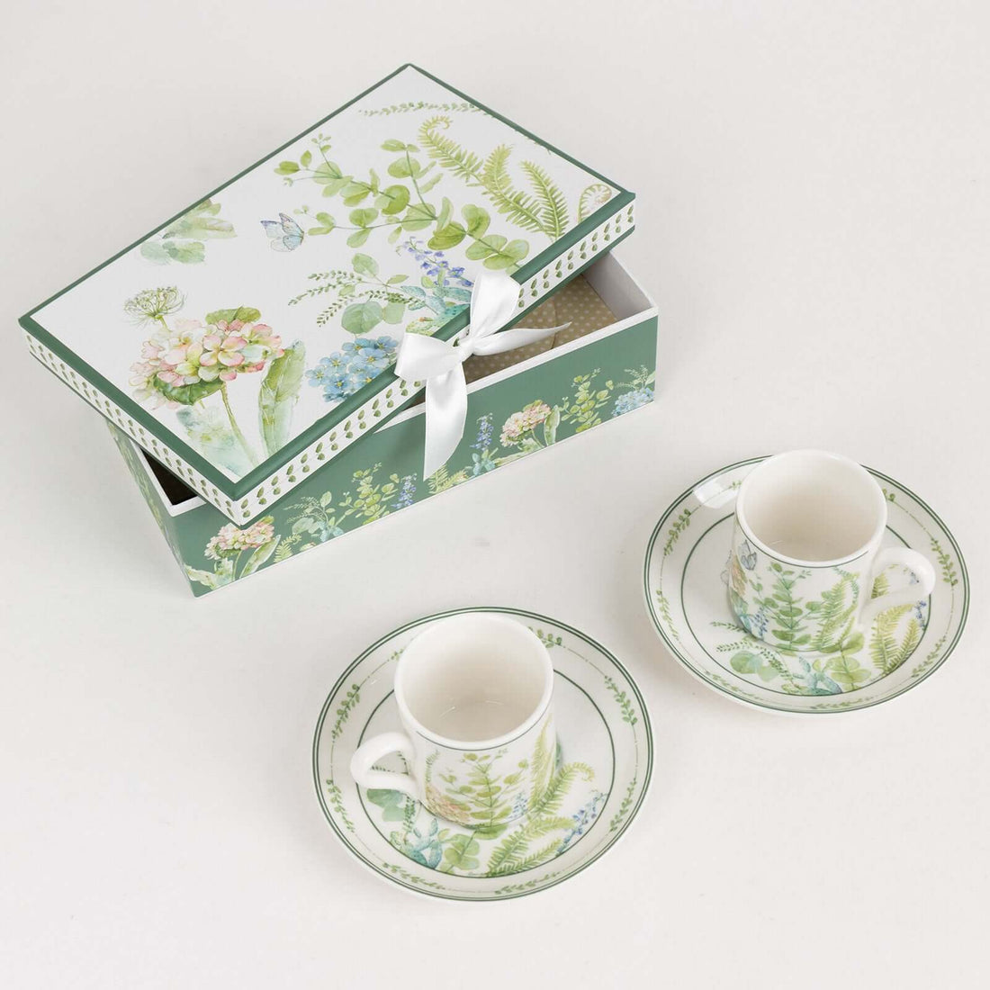 Floral tea set with two cups and saucers in decorative gift box