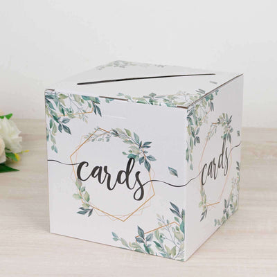 Greenery Theme White Money Card Box with Geometric Gold Foil Print, Collapsible Wedding Reception Gift Card Box - 8"x8"