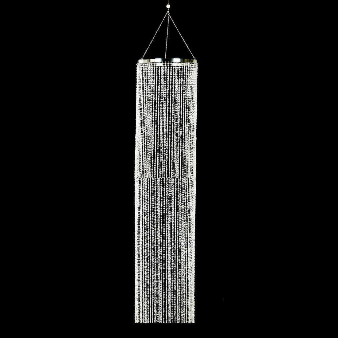 Hanging crystal curtain with shimmering beads for decoration.