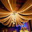 Elegant ceiling drapery with lights and chandelier for event decoration.