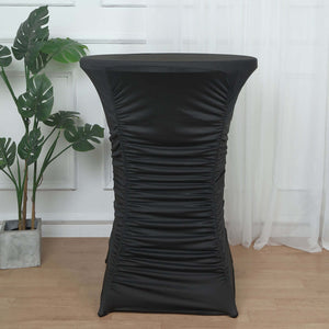 Black stretch table cover for cocktail tables, elegant and sleek design.