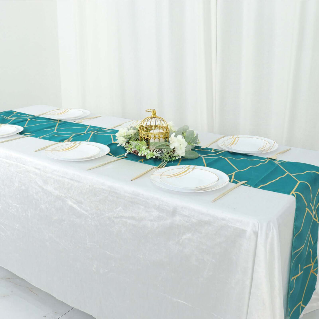 Geometric Polyester Table Runner 9ft Teal | eFavormart