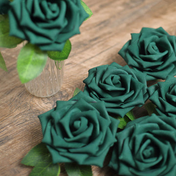 24 Roses | 5" Hunter Emerald Green Artificial Foam Flowers With Stem Wire and Leaves