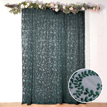 Hunter Emerald Green Embroider Sequin Divider Backdrop Curtain, Sparkly Sheer Event Drapes With Embroidery Leaf - 8ftx8ft