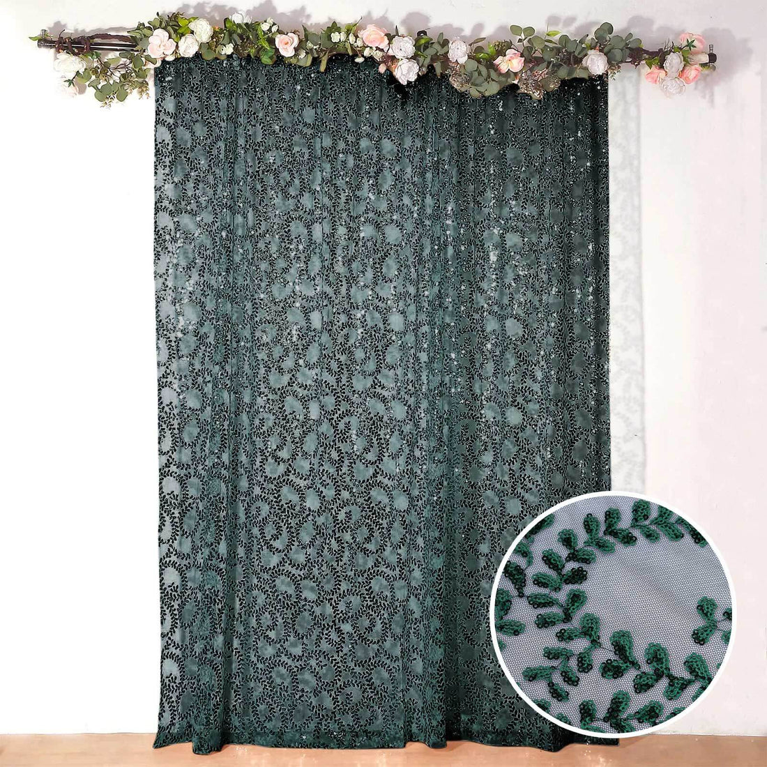 Embroidered green lace curtain with floral design and close-up detail.