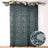 Embroidered green lace curtain with floral design and close-up detail.