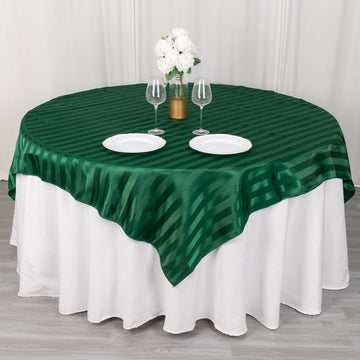 Hunter Emerald Green Satin Stripe Square Table Overlay, Smooth Elegant Table Topper 72"x72"