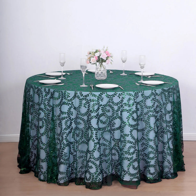 120inch Hunter Emerald Green Sequin Leaf Embroidered Seamless Tulle Round Tablecloth