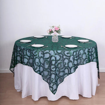 Hunter Emerald Green Sequin Leaf Embroidered Seamless Tulle Table Overlay, Square Sheer Table Topper 72"x72"