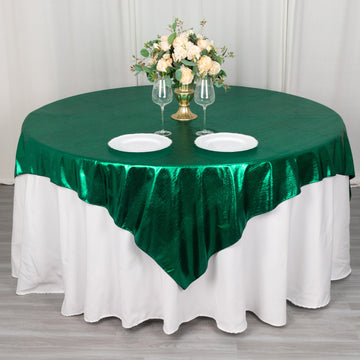 72"x72" Hunter Emerald Green Shimmer Sequin Dots Square Polyester Table Overlay, Wrinkle Free Sparkle Glitter Table Topper