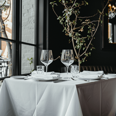 Elegant dining table setup with glassware and napkins in a cozy restaurant setting.
