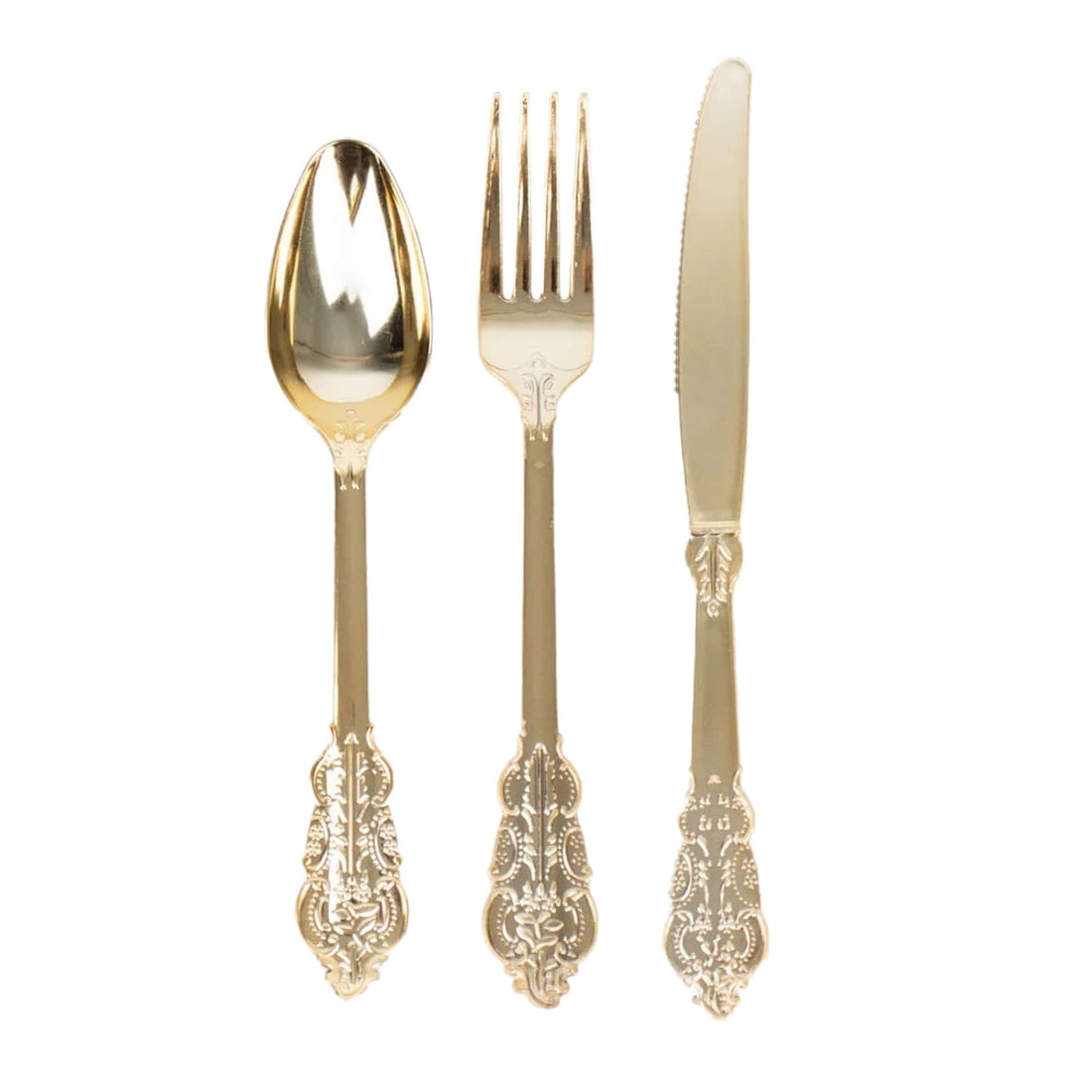 Plastic Silverware Set 24pc Metallic Gold Baroque Style | eFavormart