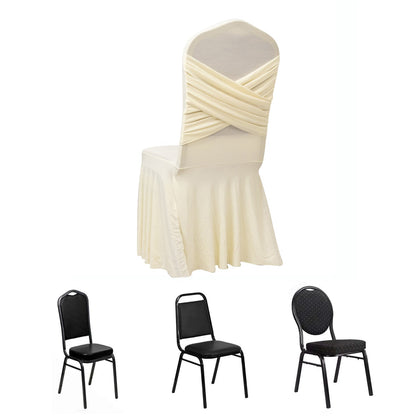 Spandex Banquet Chair Cover with Ruffle Pleated Skirt Cross Back Sash – Ivory Stretch Fitted Slipcover for Weddings & Events