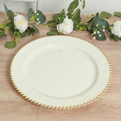 10-Pack Economy Plastic Charger Plates 13" Round Ivory with Gold Beaded Rim - Stylish Dinner Party Serving Plates