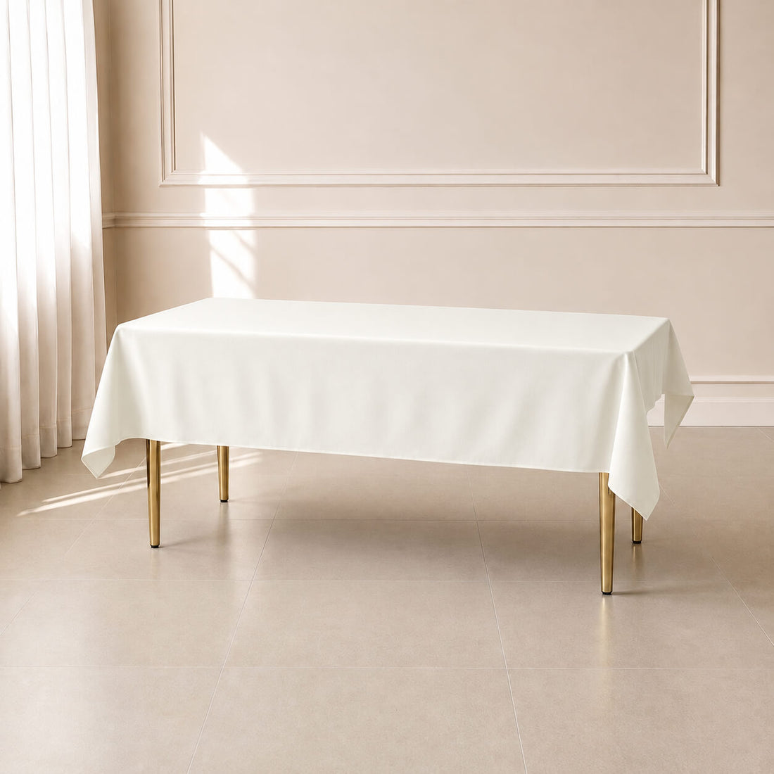 Ivory rectangular tablecloth 60"×84", wrinkle-resistant and durable for events.