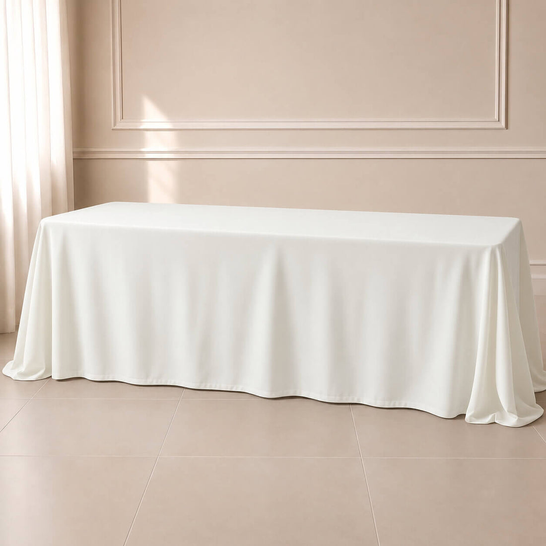 ivory polyester rectangle tablecloth on a dining table