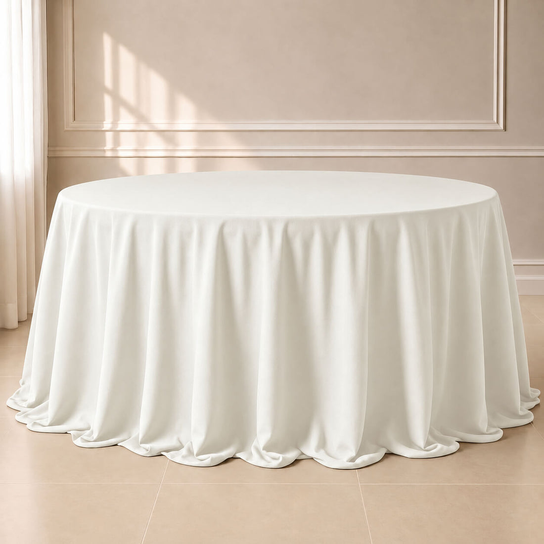 ivory seamless round tablecloth on a table
