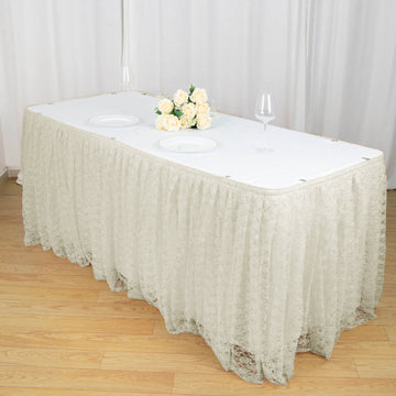Ivory Premium Pleated Lace Table Skirt 14ft - Elegant and Delicate Wedding Table Decor
