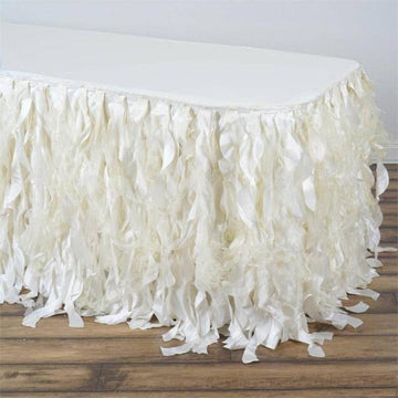 Create a Luxurious and Memorable Event with our Ivory Curly Willow Taffeta Table Skirt