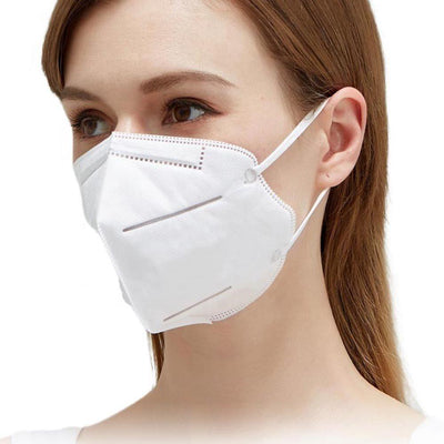 White protective face mask worn by a person.