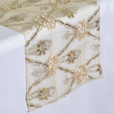 Lace Netting Table Runner 14"x108" Champagne Satin Floral Embellishments - Exquisite Vintage Table Decor