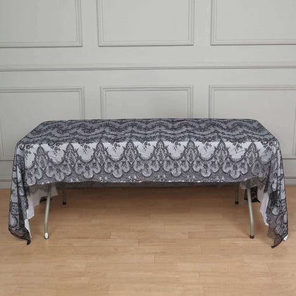 Lace Rectangle Tablecloth 60"x120" Black with Scalloped Frill Edges - Vintage Design Table Cover