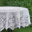 White lace tablecloth on a round table against a green background.