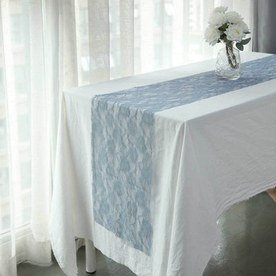 Lace Table Runner 12"x108" Dusty Blue with Rose Flower Pattern - Vintage Table Decor