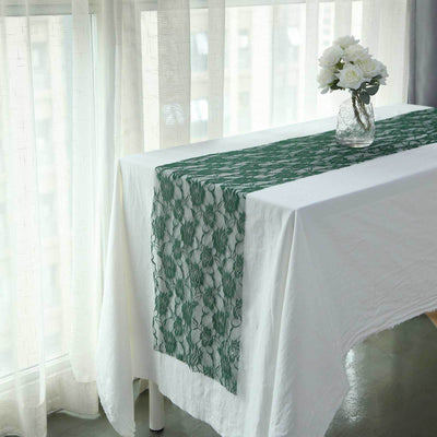 Lace Table Runner 12"x108" Hunter Emerald Green with Rose Flower Pattern - Vintage Table Decor