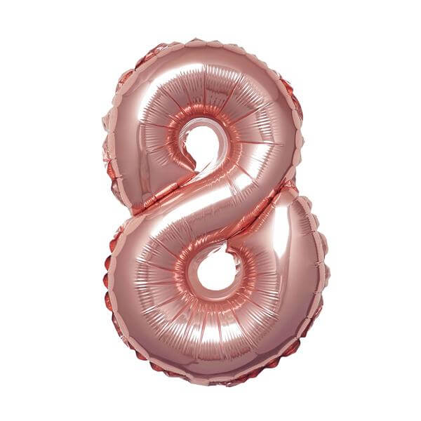 Rose gold foil number 8 balloon on a plain white background