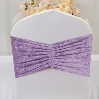 Lavender ruched velvet chair sash on white banquet chair