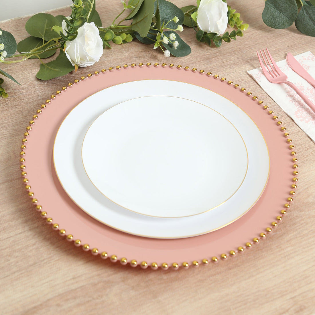 Plastic Charger Plates Dusty Rose w/ Gold Rim | eFavormart