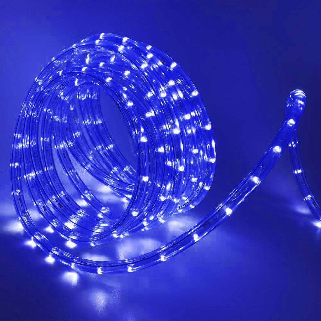 Blue LED strip lights on a roll for decorative lighting.
