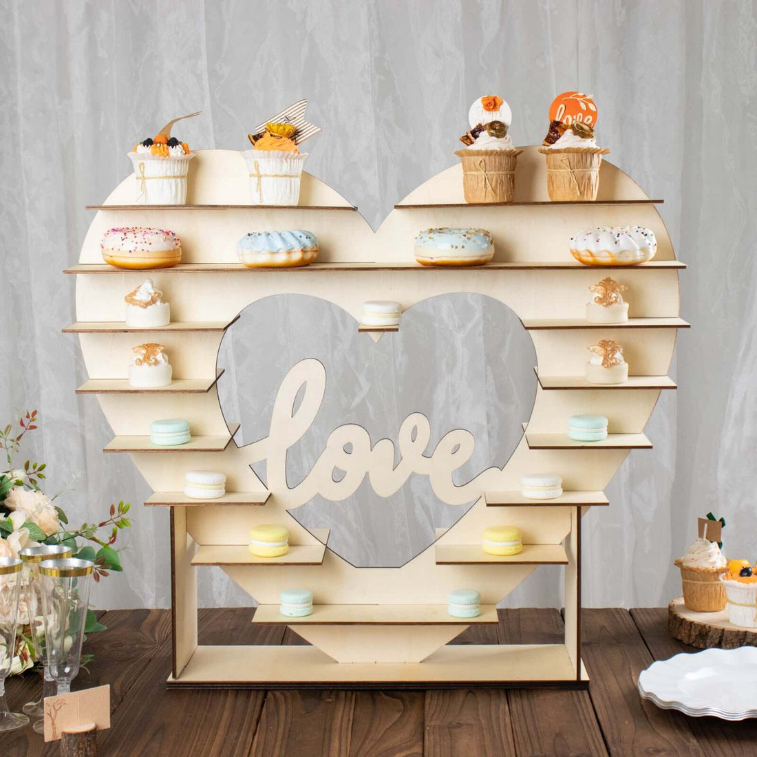 8-Layer Heart Wooden Dessert Display Stand Natural 26