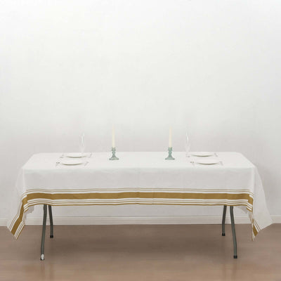 Linen-Like Paper Rectangle Tablecloth 50"x108" White with Gold Striped Border - Disposable Airlaid Table Cover for Sophisticated Gatherings