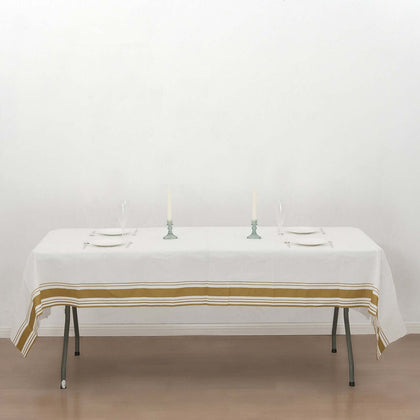 Linen-Like Paper Rectangle Tablecloth 50"x108" White with Gold Striped Border - Disposable Airlaid Table Cover for Sophisticated Gatherings