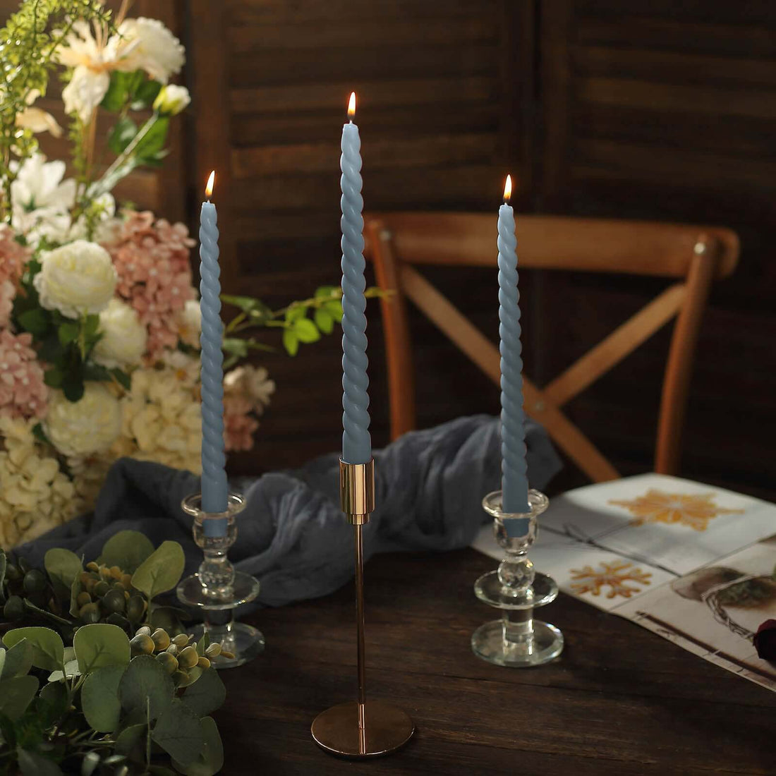 Dusty Blue Spiral Taper Candles 12 Pack | eFavormart