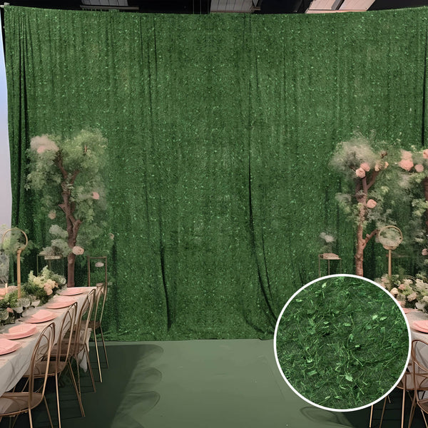 Green textured backdrop with decorative trees and a dining setup.