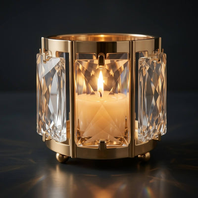 6 Pack Gold Votive Candle Holders, 3" Metal Frame Tea Light Cups with Faceted Crystal Pendant Panels