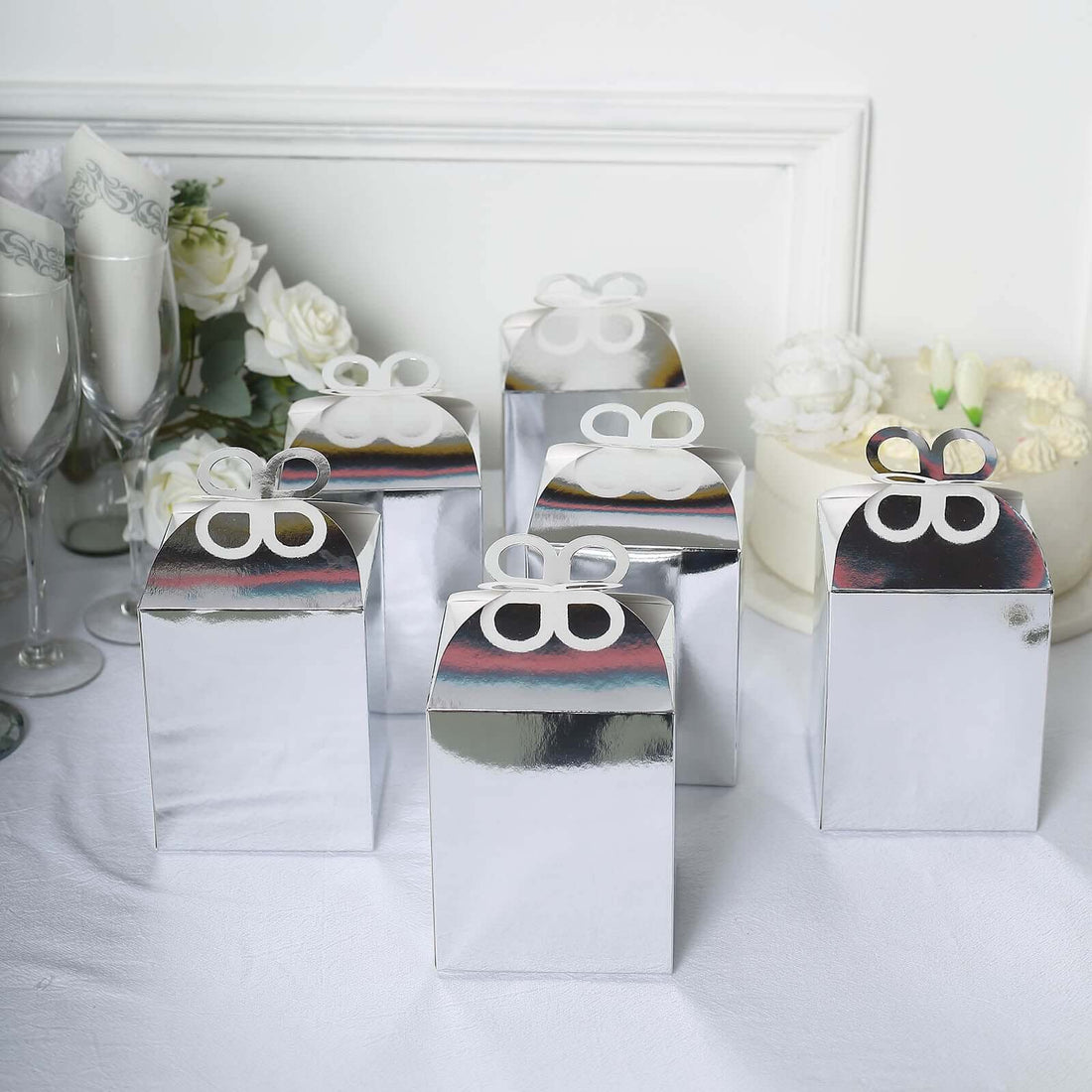 25-Pack Metallic Silver Butterfly Candy Boxes | eFavormart