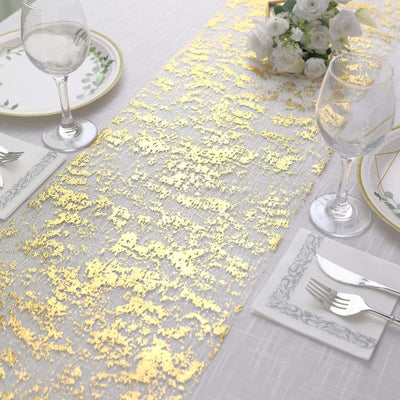 Mesh Polyester Table Runner Roll 108" Metallic Gold Distressed Foil Printing - Chic Disposable Party Table Decor