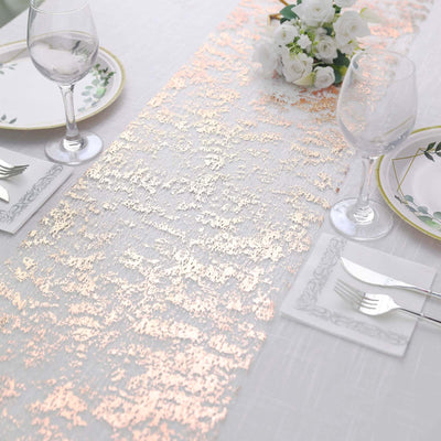 Mesh Polyester Table Runner Roll 108" Metallic Rose Gold Distressed Foil Printing - Disposable Table Decor