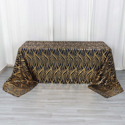 Mesh Rectangle Tablecloth 90"x156" Black Gold - Wave Embroidered Sequin Table Cover