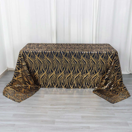 Mesh Rectangle Tablecloth 90"x156" Black Gold - Wave Embroidered Sequin Table Cover