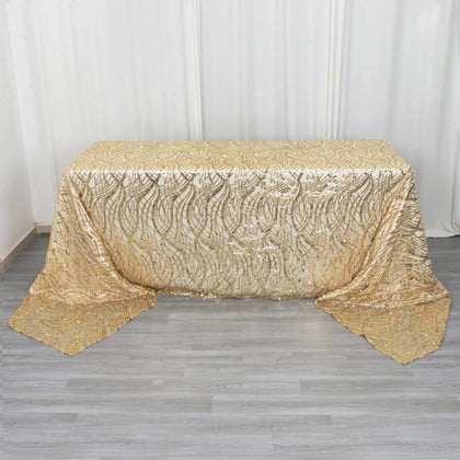 Mesh Rectangle Tablecloth 90"x156" Champagne - Wave Embroidered Sequin Table Cover